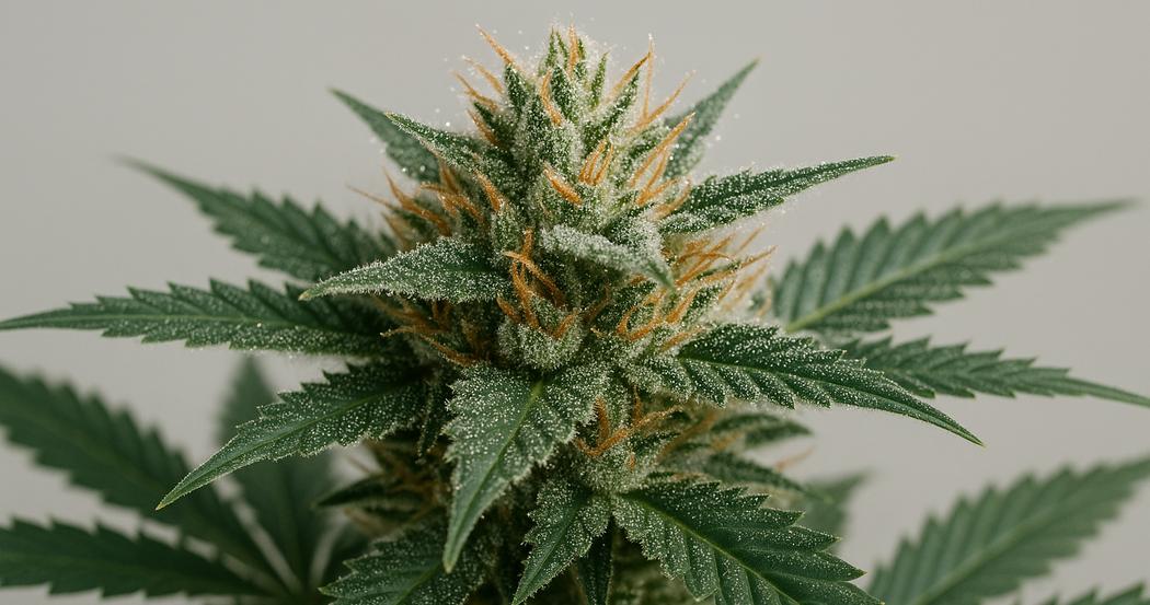 AI Generated Image: Studio macro side profile of cannabis flower on plant with sparkling resin trichomes on light-gray background