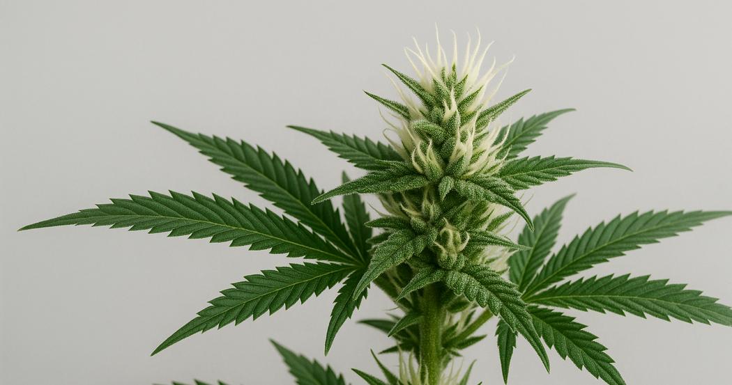 AI Generated Image: Macro side-profile shot of a cannabis flower on the plant showing fine serrations on leaves and trichomes against a light-gray backdrop.