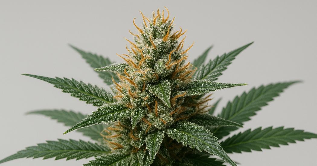 AI Generated Image: Macro side profile of a cannabis flower on the plant highlighting sparkling resin trichomes on a light gray background