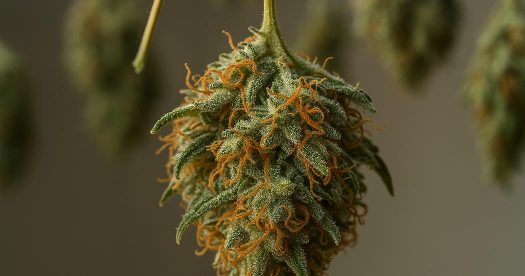 AI Generated Image: Macro top-down view of a drying cannabis flower with curling orange pistils and a crystal-coated surface on a matte charcoal background under soft studio lighting.