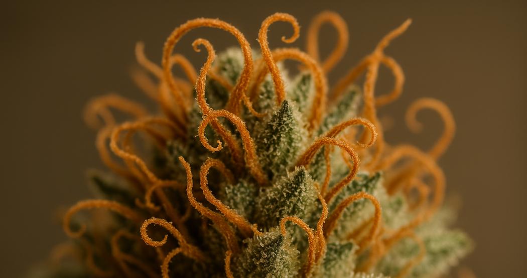 AI Generated Image: Top-down studio macro photograph of a drying cannabis flower with crystal trichomes and curling orange pistils on a matte charcoal background.