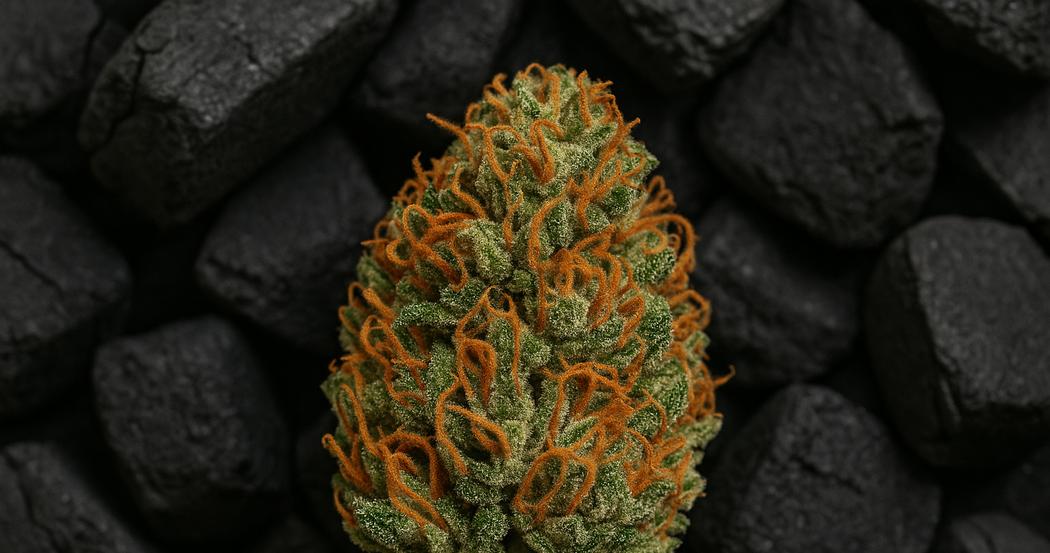 AI Generated Image: Top-down 20° macro image of drying cannabis flower with crystal-coated surface and curling orange pistils on matte charcoal background
