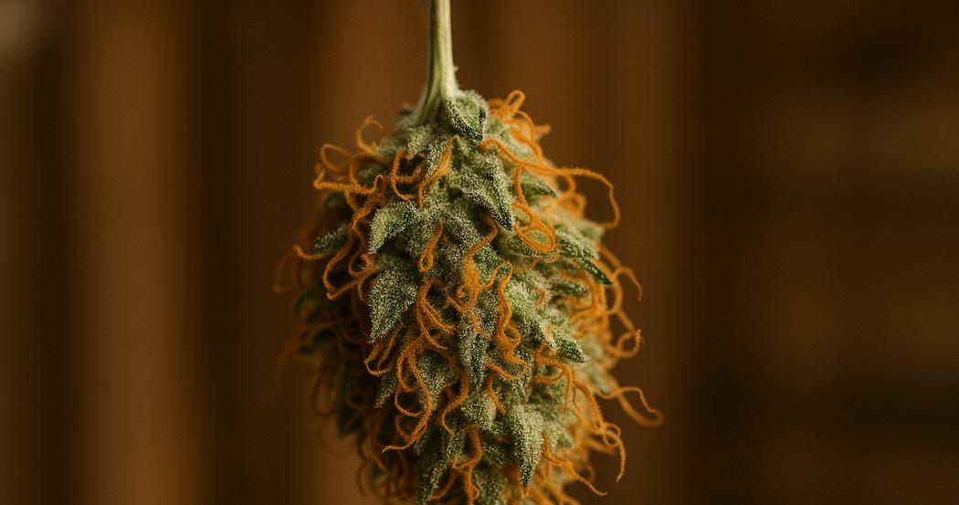 AI Generated Image: Top-down macro view of a drying cannabis flower with sparkling crystals and curling orange pistils on a matte charcoal background