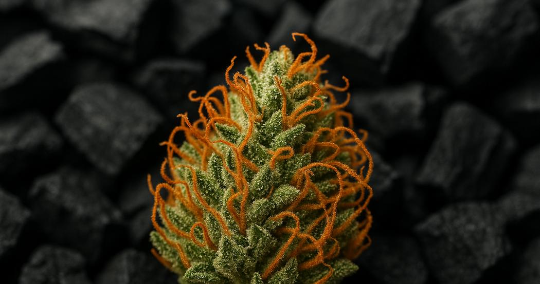 AI Generated Image: Top-down macro photograph of a drying cannabis flower featuring crystal frost and curling bright orange pistils on a charcoal matte background with cool lighting.