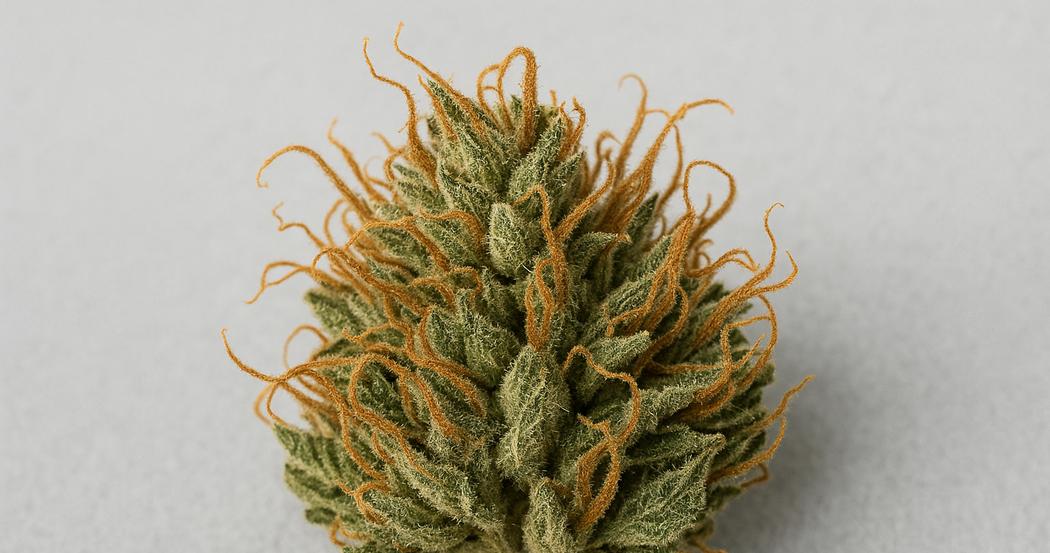 AI Generated Image: Top-down macro view of a drying cannabis flower showing curling orange pistils and crystal-coated surface on a light-gray background.