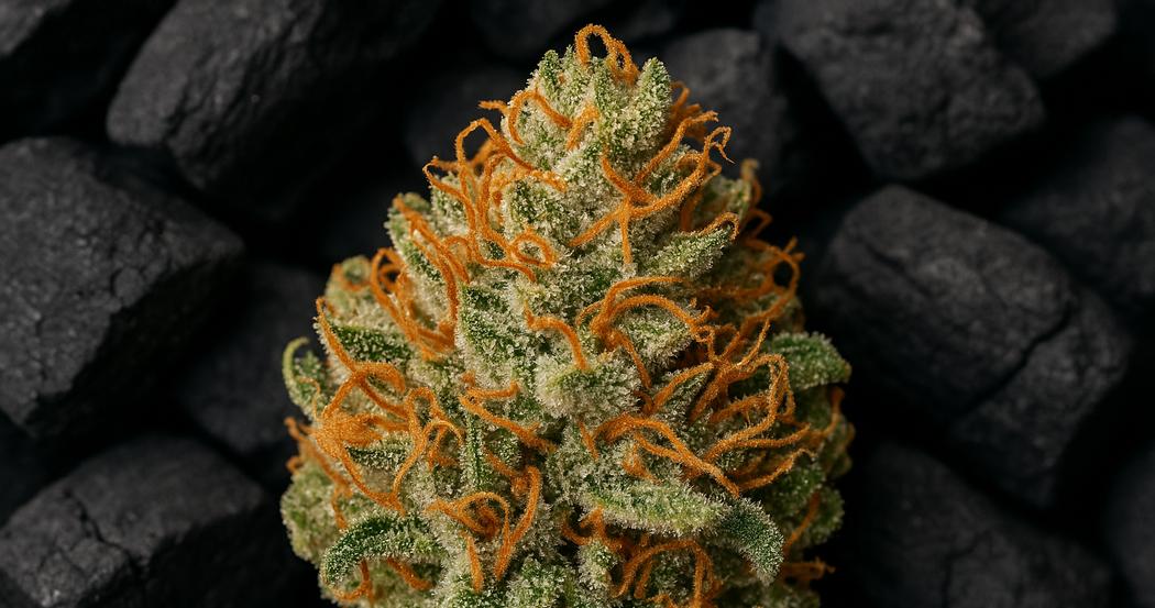 AI Generated Image: Top-down angled macro shot of drying cannabis flower coated with crystals and vibrant curling orange pistils on a dark charcoal background