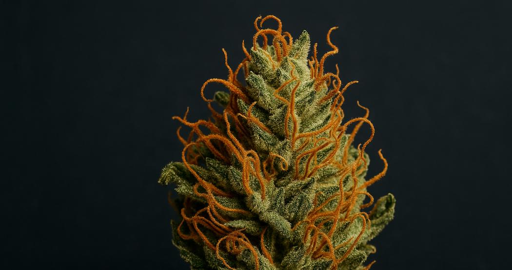 AI Generated Image: Macro top-down photograph of drying cannabis flower with curling orange pistils and crystal trichomes on a matte charcoal background, lit with cool studio lighting.