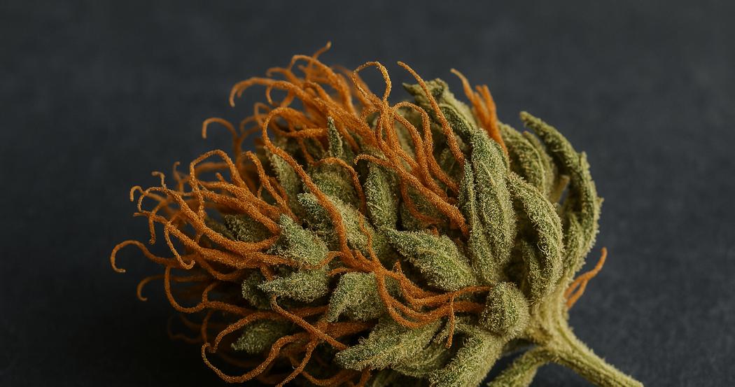 AI Generated Image: Macro top-down view of drying cannabis flower with crystal trichomes and curling orange pistils on a matte charcoal background.