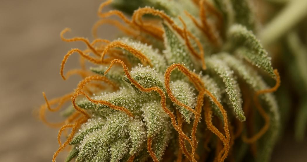 AI Generated Image: Top-down angled macro of drying cannabis flower featuring curling orange pistils and crystal-coated surface on matte charcoal background