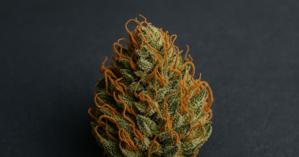 AI Generated Image: Top-down 15-degree macro shot of a drying cannabis flower with curling orange pistils and crystal trichomes on a matte charcoal background with cool-toned studio lighting
