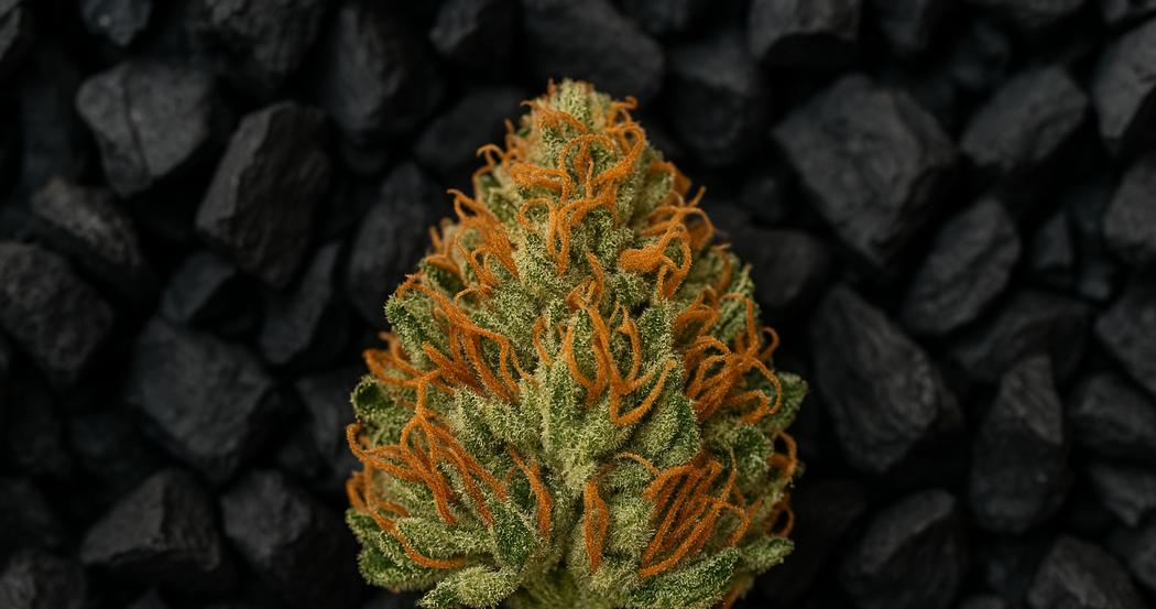 AI Generated Image: Top-down macro shot of drying cannabis flower with curling orange pistils on charcoal backdrop