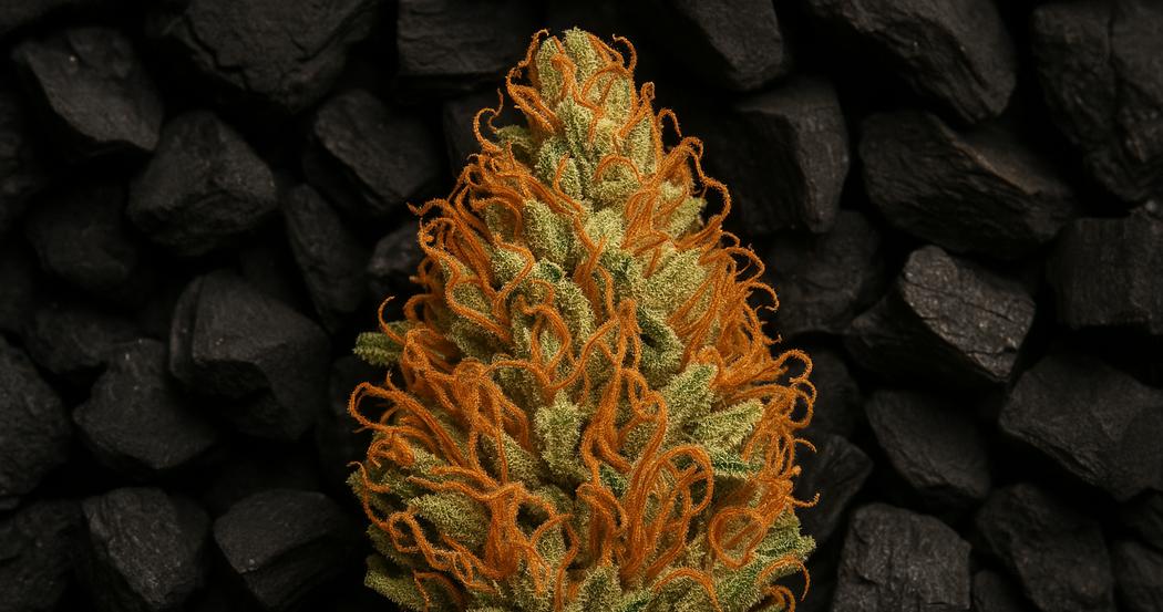 AI Generated Image: Top-down macro image of a drying cannabis flower with crystal-coated surface and curling orange pistils on a matte charcoal background.