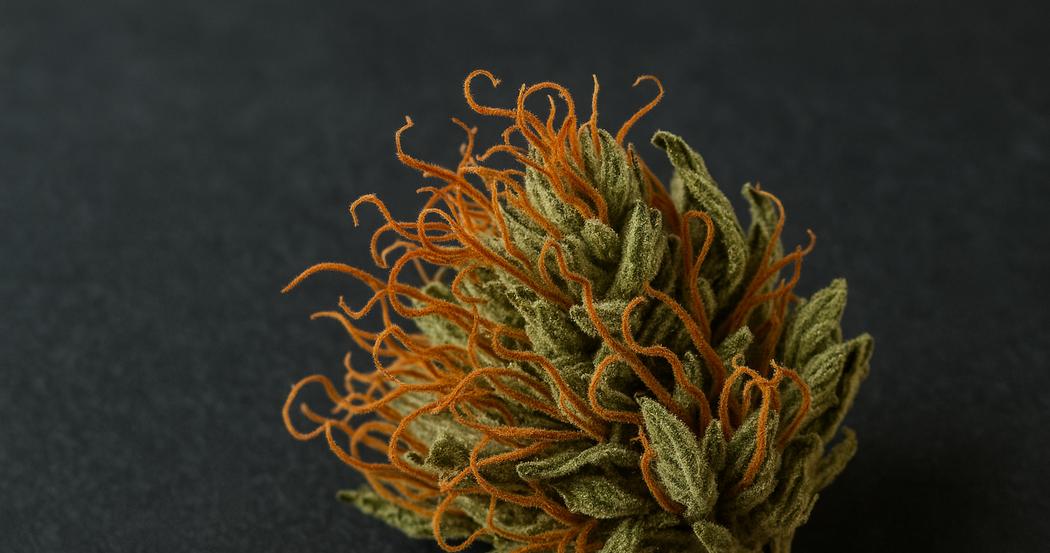 AI Generated Image: Top-down macro view of a drying cannabis flower with curling orange pistils and crystalline trichomes on a charcoal background