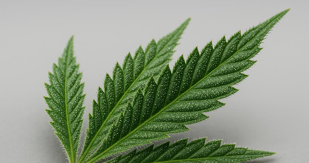 AI Generated Image: Macro low side 20° shot of cannabis leaf showing fine serrations and trichomes against neutral light gray background