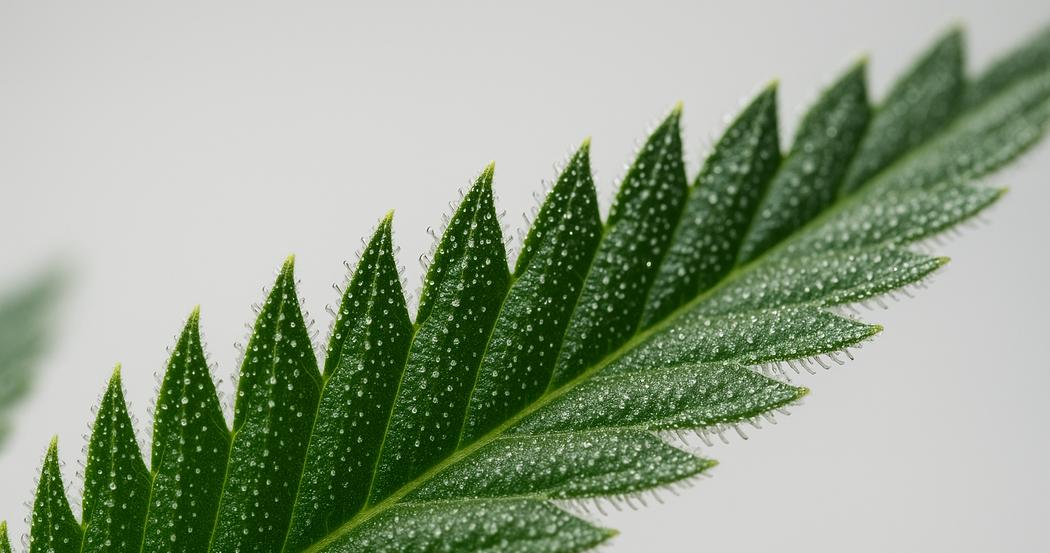 AI Generated Image: Close-up low side angle macro shot of a cannabis leaf showing fine serrations and trichomes against a light-gray matte background with cool studio lighting.