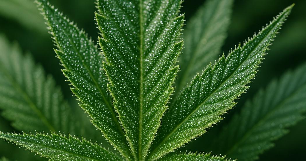 AI Generated Image: Macro low side angle shot of a cannabis leaf with sparkling resin trichomes and fine serrations on a neutral light-gray background
