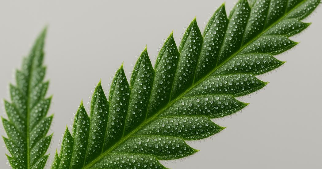 AI Generated Image: Close-up macro of a cannabis leaf showing fine serrations and milky trichomes from a low side angle against a neutral light-gray backdrop with neutral lighting.