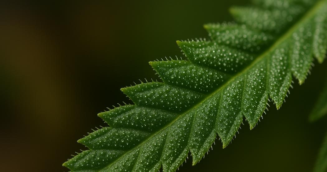 AI Generated Image: Close-up studio macro photo of cannabis leaf detail with fine serrations and visible trichomes on neutral light-gray background