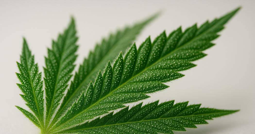 AI Generated Image: Macro low side angle photo of cannabis leaf showing fine serrations and sparkling trichomes on light-gray background.