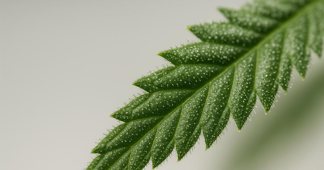 AI Generated Image: Low side angle macro of cannabis leaf showing fine serrations and trichomes on a light-gray background