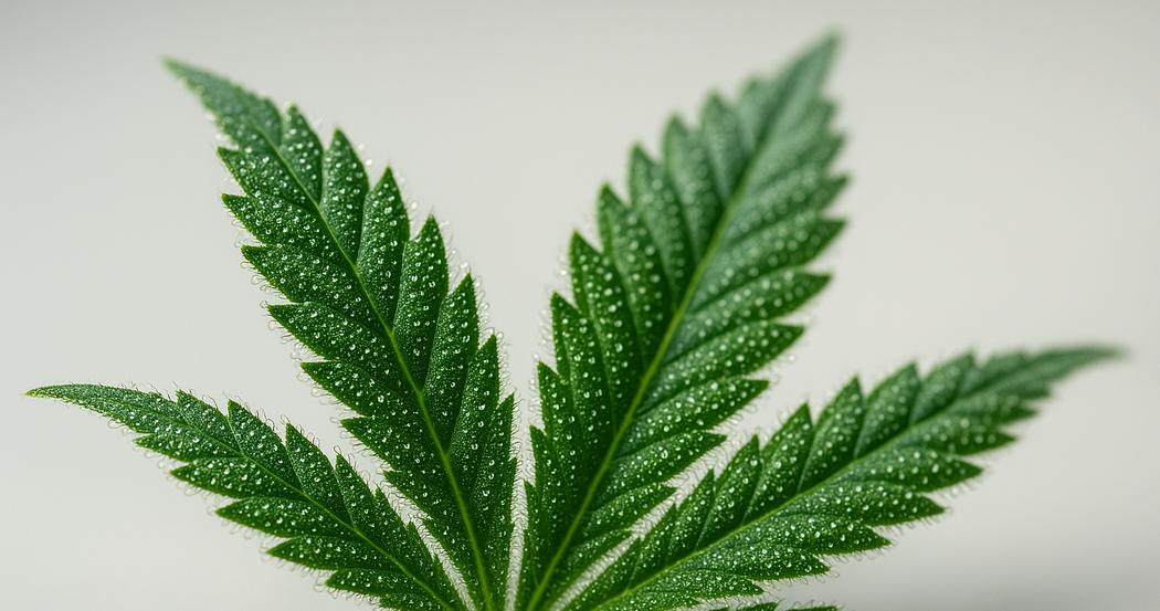AI Generated Image: Close macro of cannabis leaf edge with fine serrations and milky trichomes on neutral light-gray background