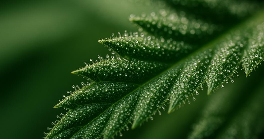 AI Generated Image: Low side angle macro close-up of cannabis leaf highlighting fine serrations and trichomes on matte light-gray background