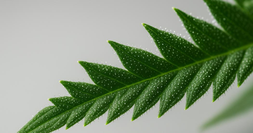 AI Generated Image: Low side 20-degree close-up macro of cannabis leaf serrations and fine trichomes on a neutral light-gray background with soft diffused lighting