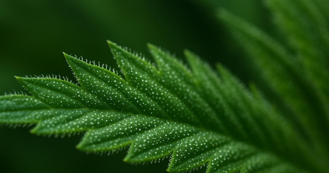 AI Generated Image: Macro low side angle view of a cannabis leaf showing fine serrations and trichomes on a neutral light-gray background
