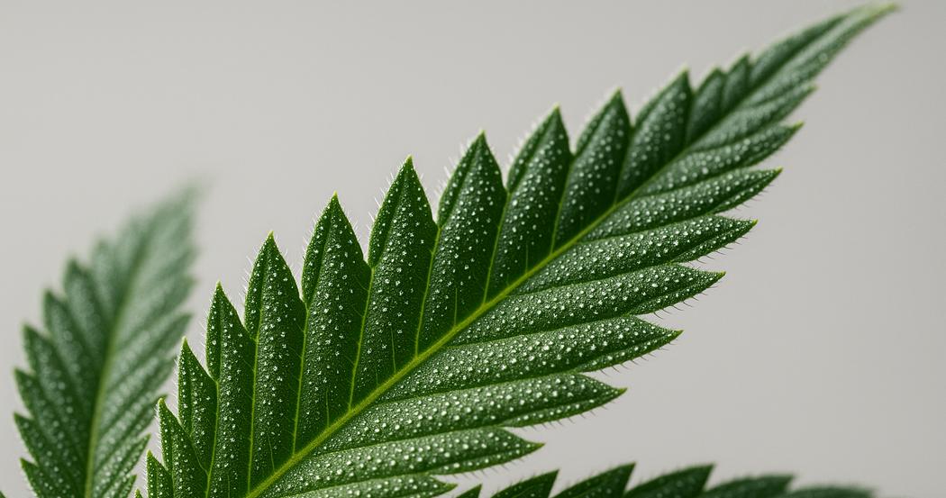 AI Generated Image: Macro low side angle close-up of a cannabis leaf highlighting fine serrations and visible trichomes against a light-gray matte backdrop.