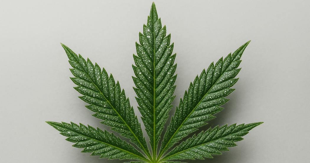 AI Generated Image: Macro photograph of cannabis leaf detail showing sparkling resin trichomes and serrated edges on a matte light-gray background.