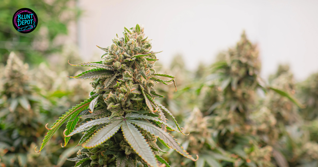 Flowering cannabis plant with frosty trichomes in a cultivation facility