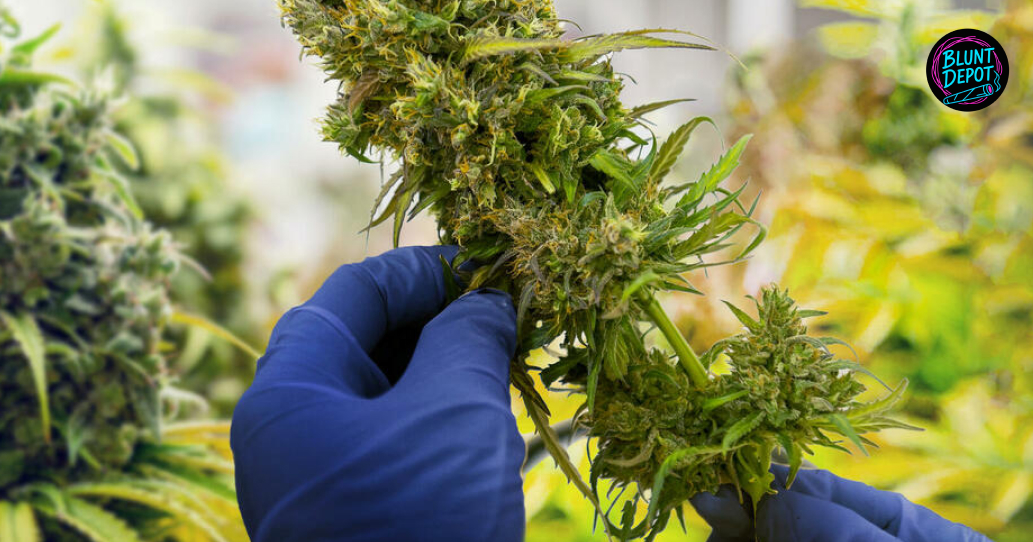 Professional grower in blue gloves inspecting a large cannabis cola