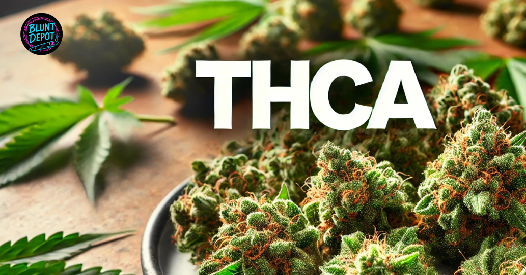 Premium dried THCA hemp buds on a wooden surface with a text overlay.