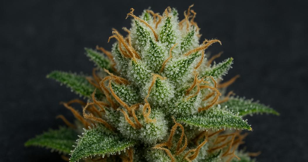 AI Generated Image: Close-up macro image of a cannabis bud showing milky crystalline trichomes on a matte charcoal background with soft studio lighting.