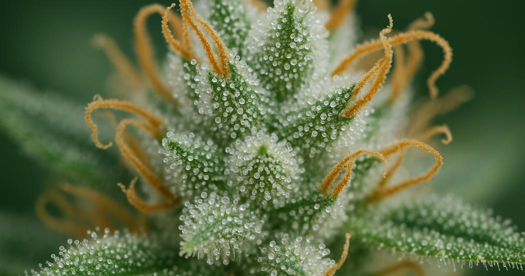 AI Generated Image: Tack-sharp macro image of a cannabis bud with dense milky crystalline trichomes against a matte charcoal background.