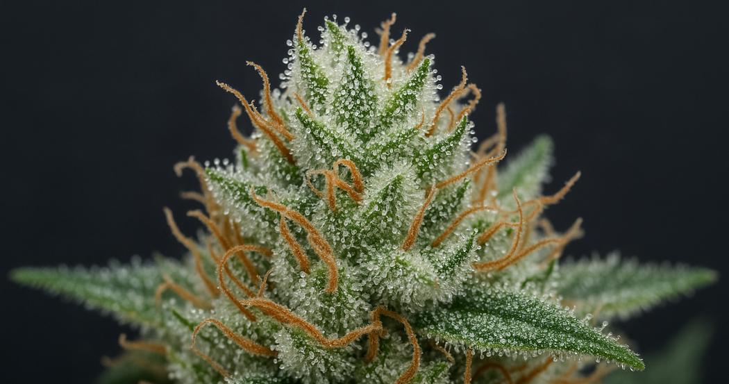 AI Generated Image: Close-up macro image of cannabis bud showing milky and amber frosted trichomes with curling orange pistils on a matte charcoal background