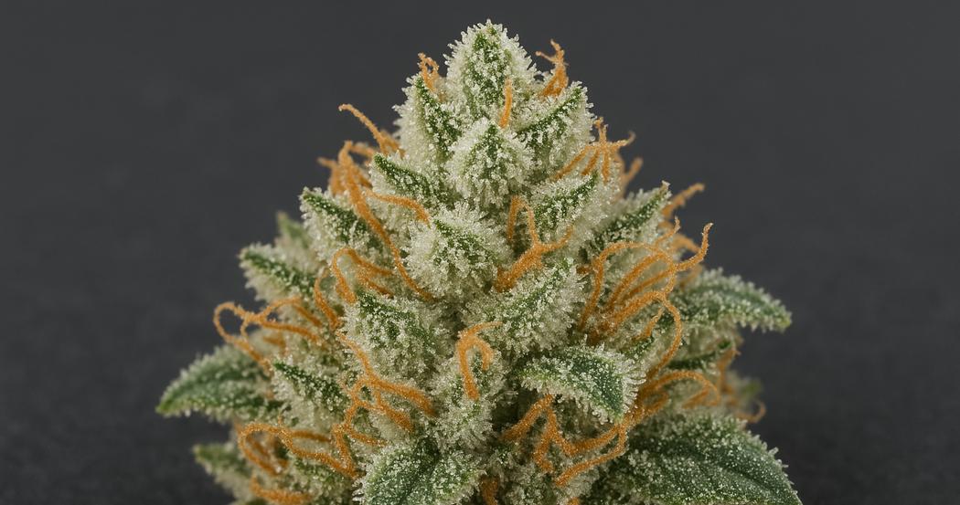 AI Generated Image: Macro three-quarter view of cannabis bud densely covered in milky crystalline trichomes on a matte charcoal background