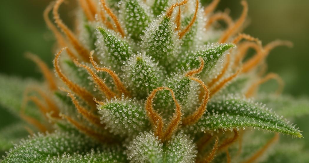 AI Generated Image: Close-up macro image of a cannabis bud showing dense milky and amber frost trichomes against a neutral light-gray background.