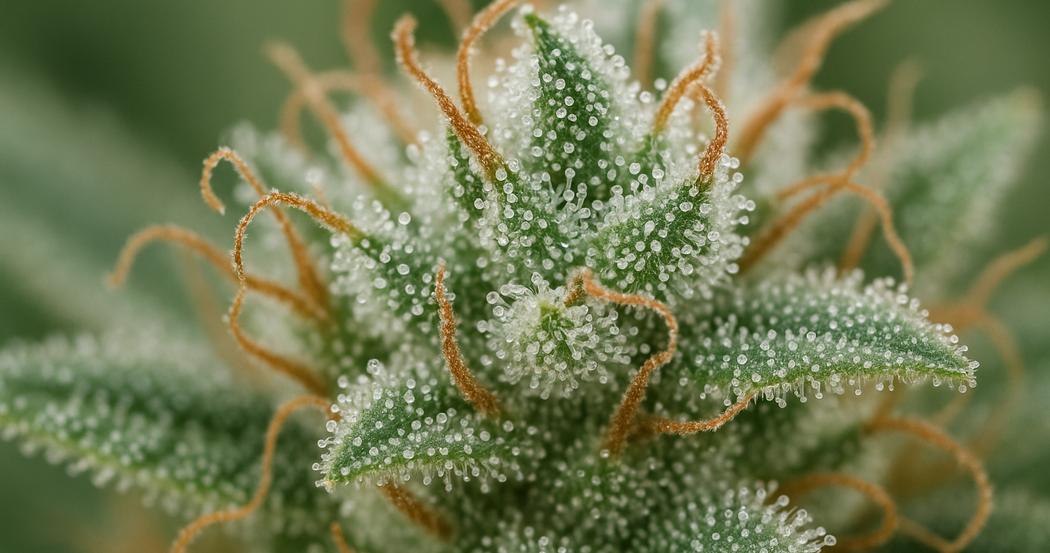 AI Generated Image: Close-up macro image of a cannabis bud densely coated with milky crystalline trichomes and sparkling resin on a matte charcoal background
