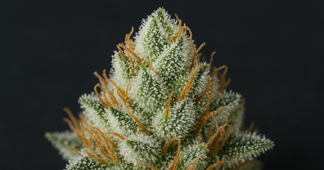 AI Generated Image: Macro close-up of cannabis bud showing milky frost crystalline trichomes on a matte charcoal background.