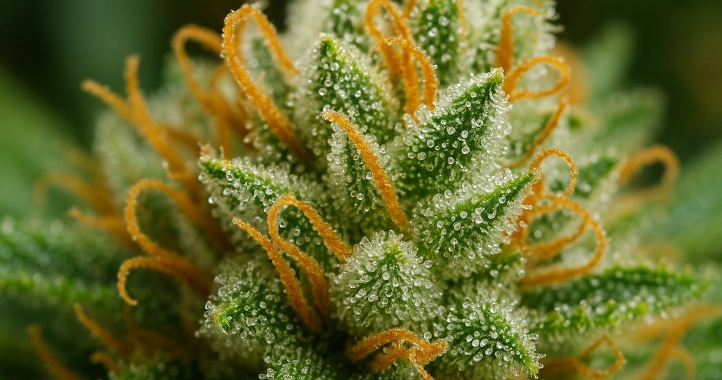 AI Generated Image: Close-up macro shot of cannabis bud showing milky and amber crystalline trichomes with sparkling resin on matte charcoal background.