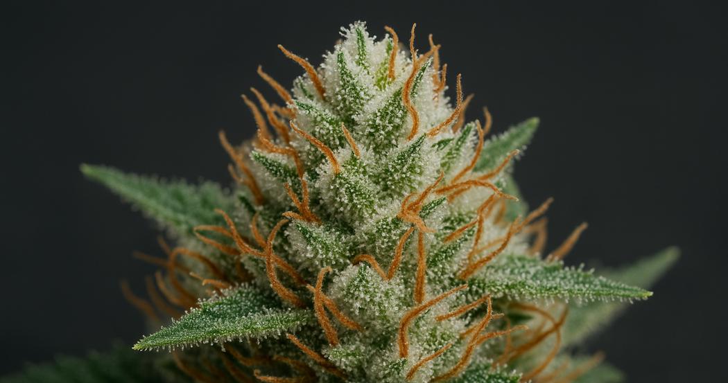 AI Generated Image: Macro close-up of cannabis bud covered in milky trichomes against a matte charcoal background with soft diffused lighting