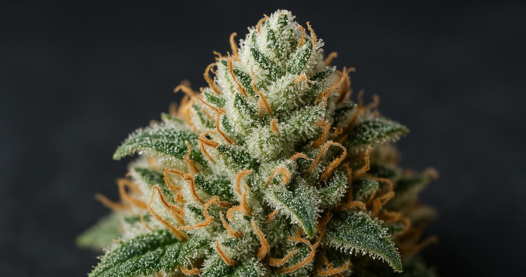 AI Generated Image: Hyper-realistic macro image of a cannabis bud covered with milky crystalline trichomes on a matte charcoal background.