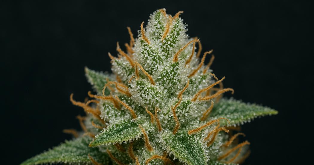 AI Generated Image: Studio macro close-up of cannabis bud with dense milky crystalline trichomes on matte charcoal background