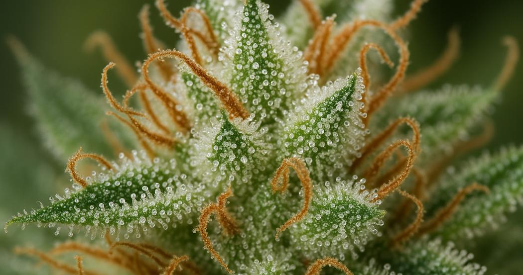 AI Generated Image: Close-up studio macro image of a cannabis bud densely coated with milky crystalline trichomes on a matte charcoal background