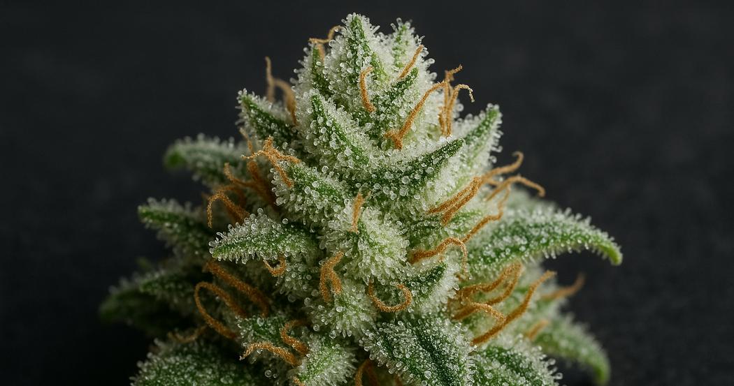 AI Generated Image: Macro studio shot of a cannabis bud covered in milky crystalline trichomes on a matte charcoal background