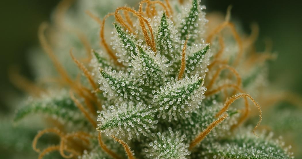 AI Generated Image: Studio macro three-quarter close-up of cannabis bud with milky crystalline trichomes on matte charcoal background