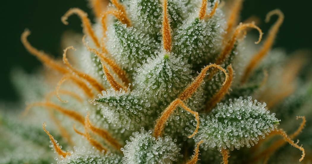 AI Generated Image: Close-up macro of a cannabis bud covered in dense milky crystalline trichomes against a dark charcoal background