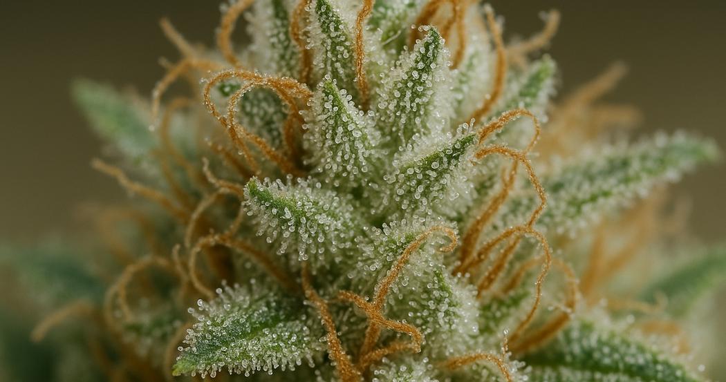 AI Generated Image: Close-up macro image of cannabis bud with dense milky crystalline trichomes on a matte charcoal background, captured in soft studio lighting.