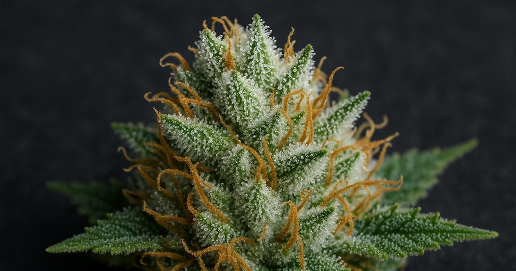 AI Generated Image: Macro close-up of a cannabis bud showing dense milky trichomes against a matte charcoal background in studio lighting